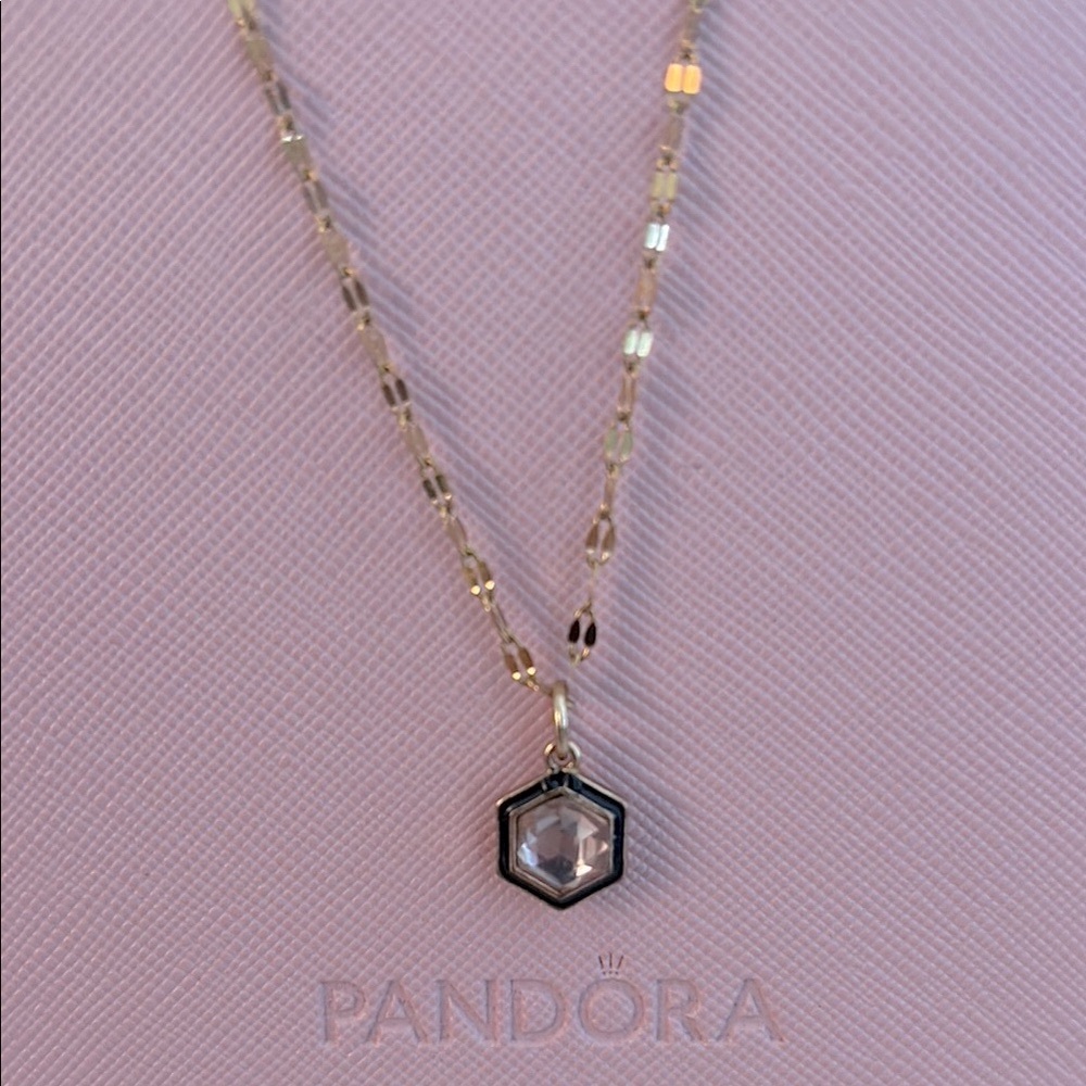 Gold Necklace with Hexagonal Black and Silver Pendant